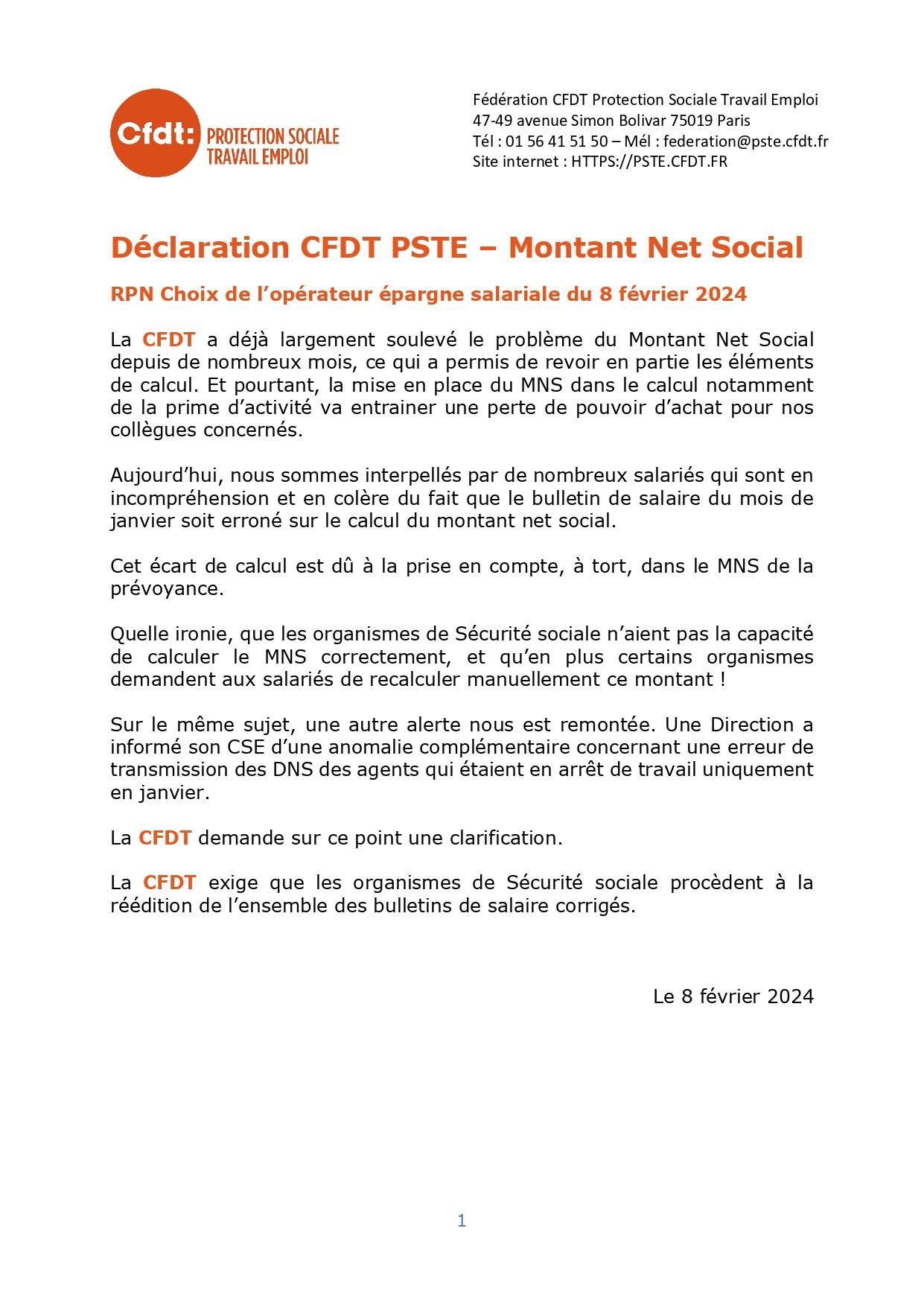 Déclaration CFDT le 08/02/2024 / RTN choix opérateur épargne salariale